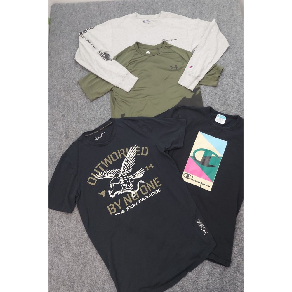 LOT 4 UNDER ARMOUR CHAMPION Shirt Mens Small Graphic Gym Workout Project Rock